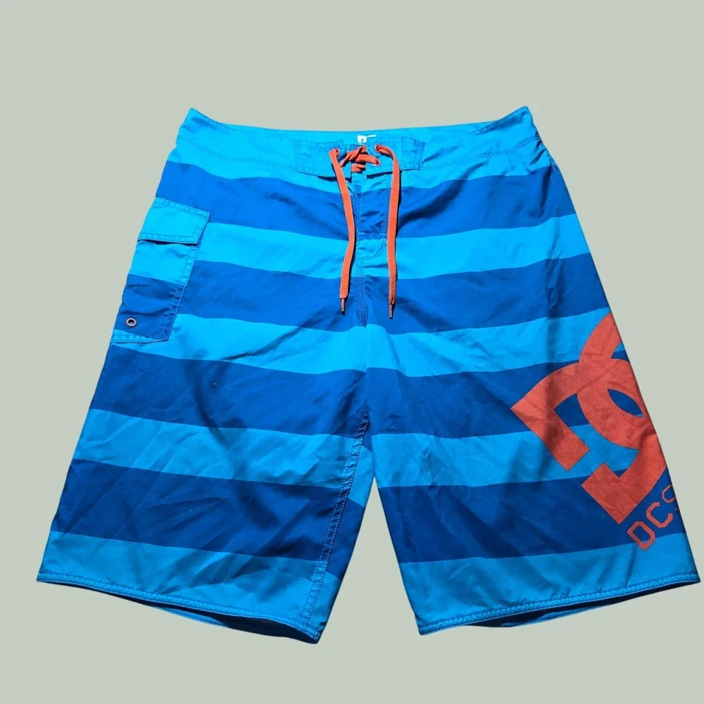 DC Shoes Board Shorts Mens 36 Blue Striped Orange Logo Y2K Skater Swim Trunks